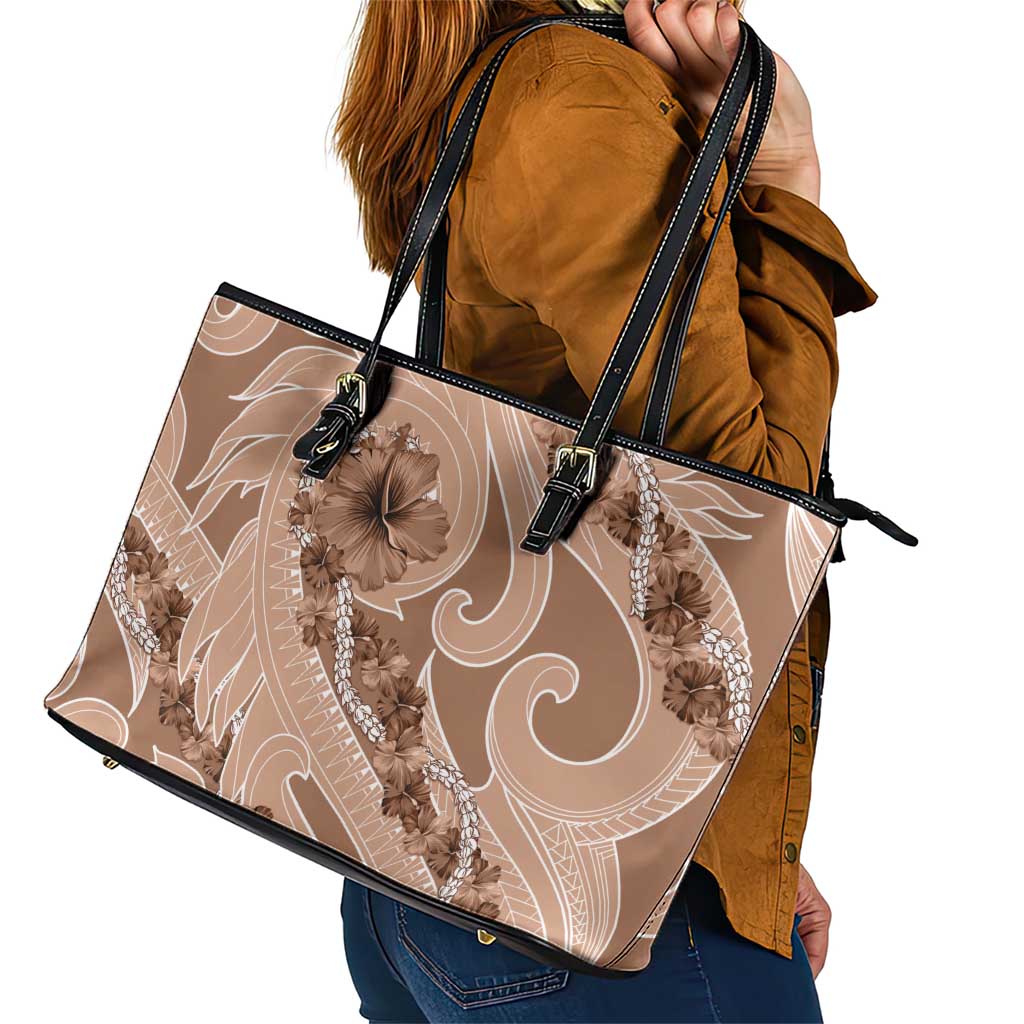 Hawaii Brown Hibiscus Pikake Lei Leather Tote Bag LT05 - Polynesian Pride