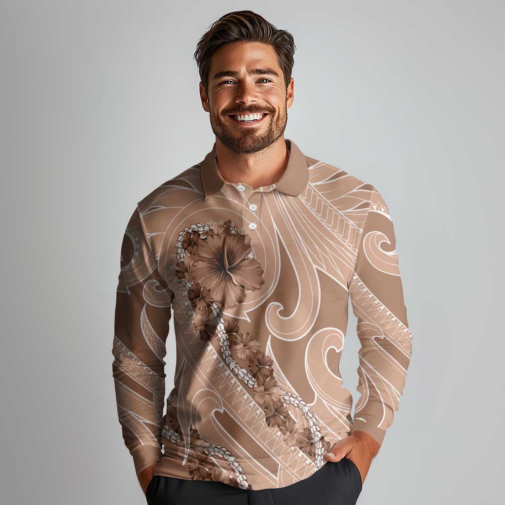 Hawaii Brown Hibiscus Pikake Lei Long Sleeve Polo Shirt - Polynesian Pride