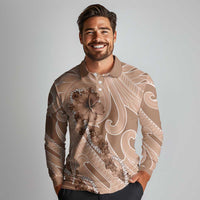Hawaii Brown Hibiscus Pikake Lei Long Sleeve Polo Shirt - Polynesian Pride