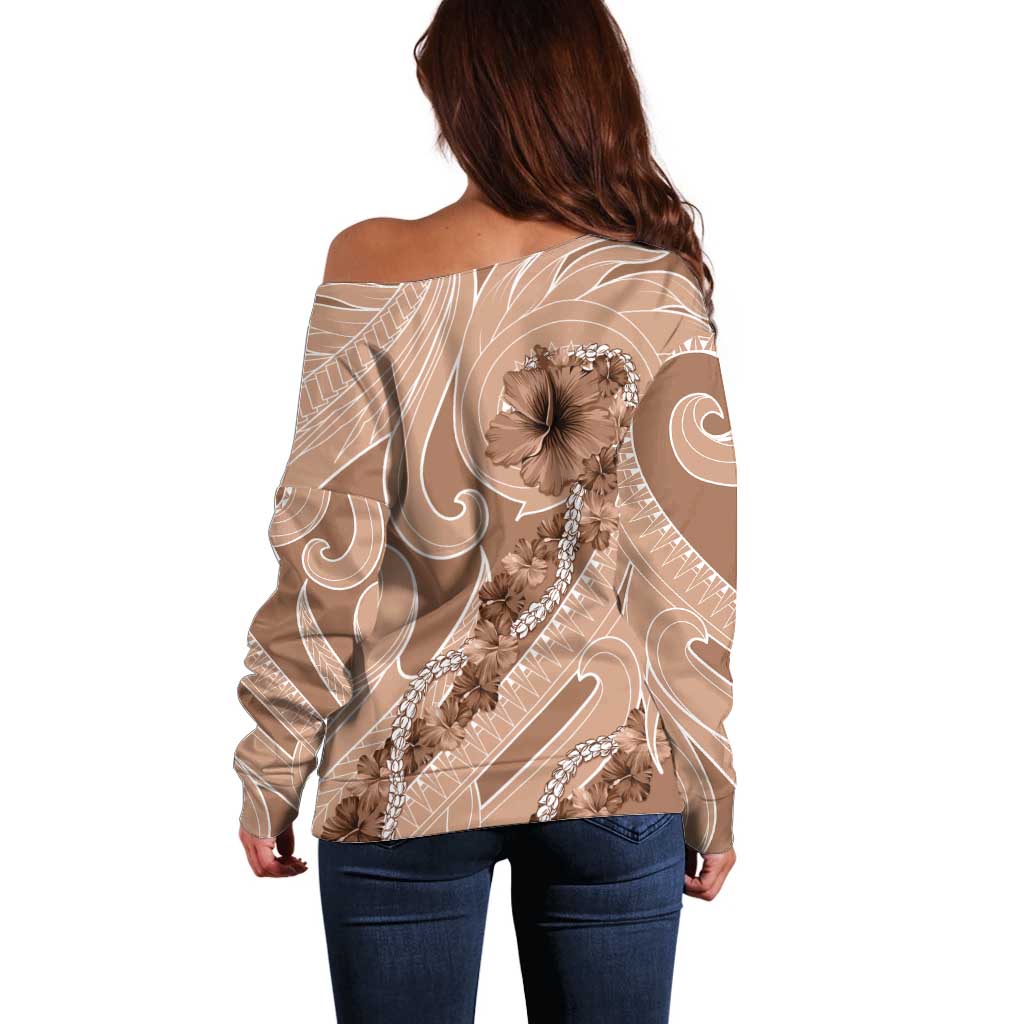 Hawaii Brown Hibiscus Pikake Lei Off Shoulder Sweater - Polynesian Pride