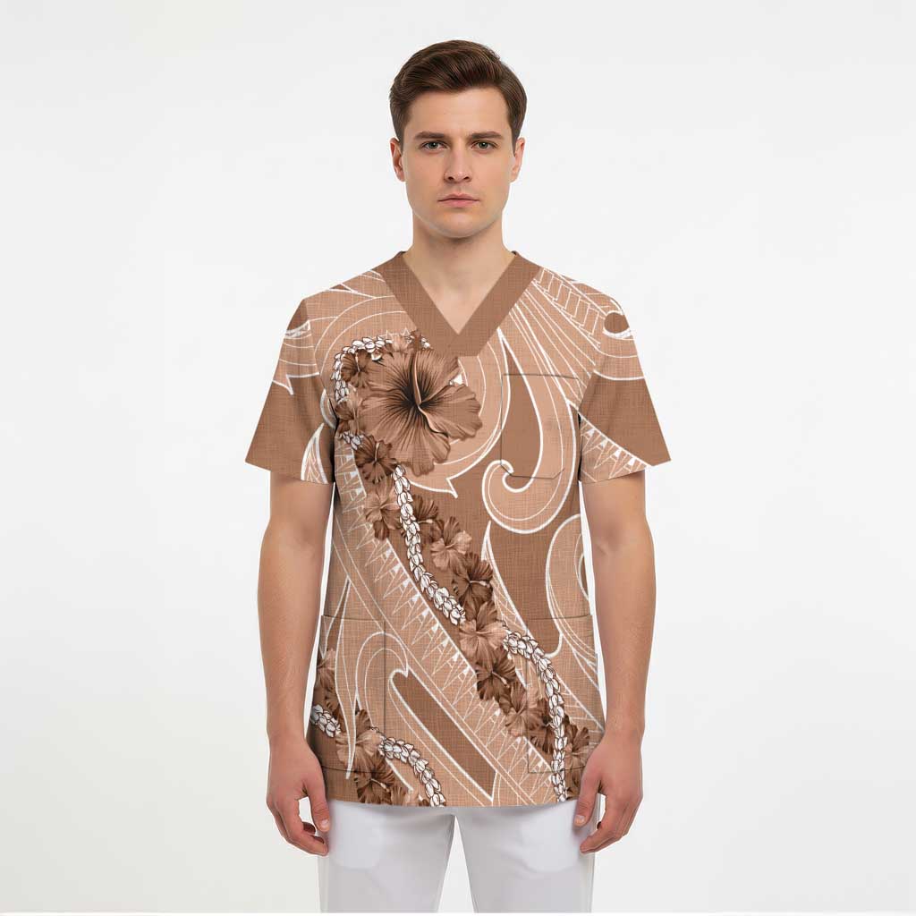 Hawaii Brown Hibiscus Pikake Lei Scrub Top - Polynesian Pride