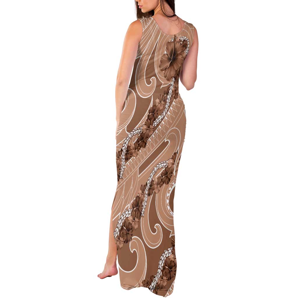 Hawaii Brown Hibiscus Pikake Lei Tank Maxi Dress - Polynesian Pride
