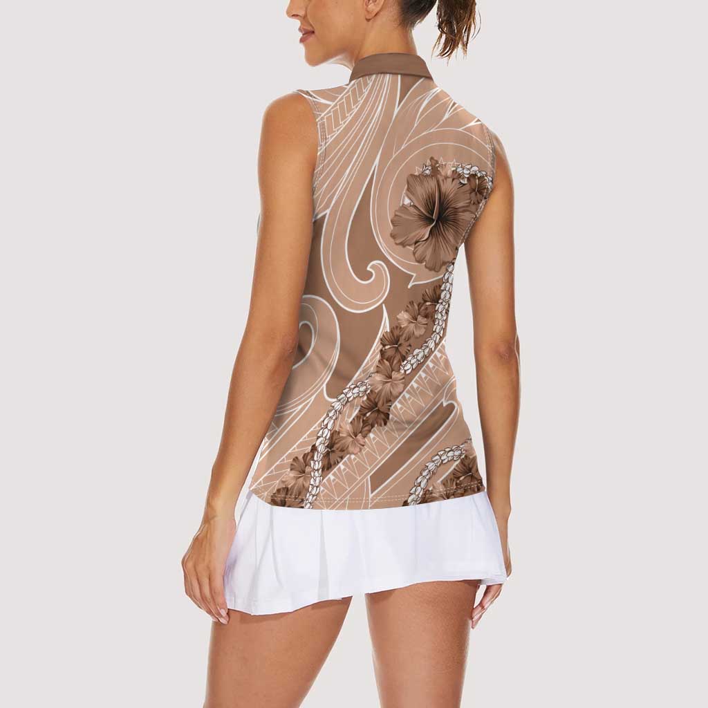 Hawaii Brown Hibiscus Pikake Lei Women Sleeveless Polo Shirt - Polynesian Pride