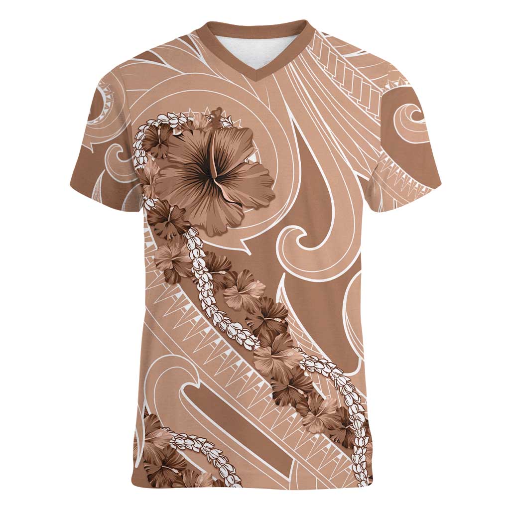Hawaii Brown Hibiscus Pikake Lei Women V-Neck T-Shirt LT05 Female Brown - Polynesian Pride