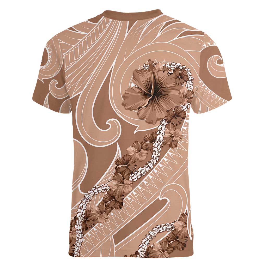 Hawaii Brown Hibiscus Pikake Lei Women V-Neck T-Shirt LT05 - Polynesian Pride