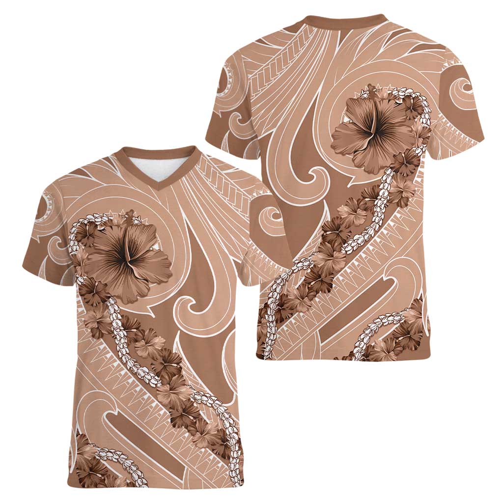 Hawaii Brown Hibiscus Pikake Lei Women V-Neck T-Shirt LT05 - Polynesian Pride