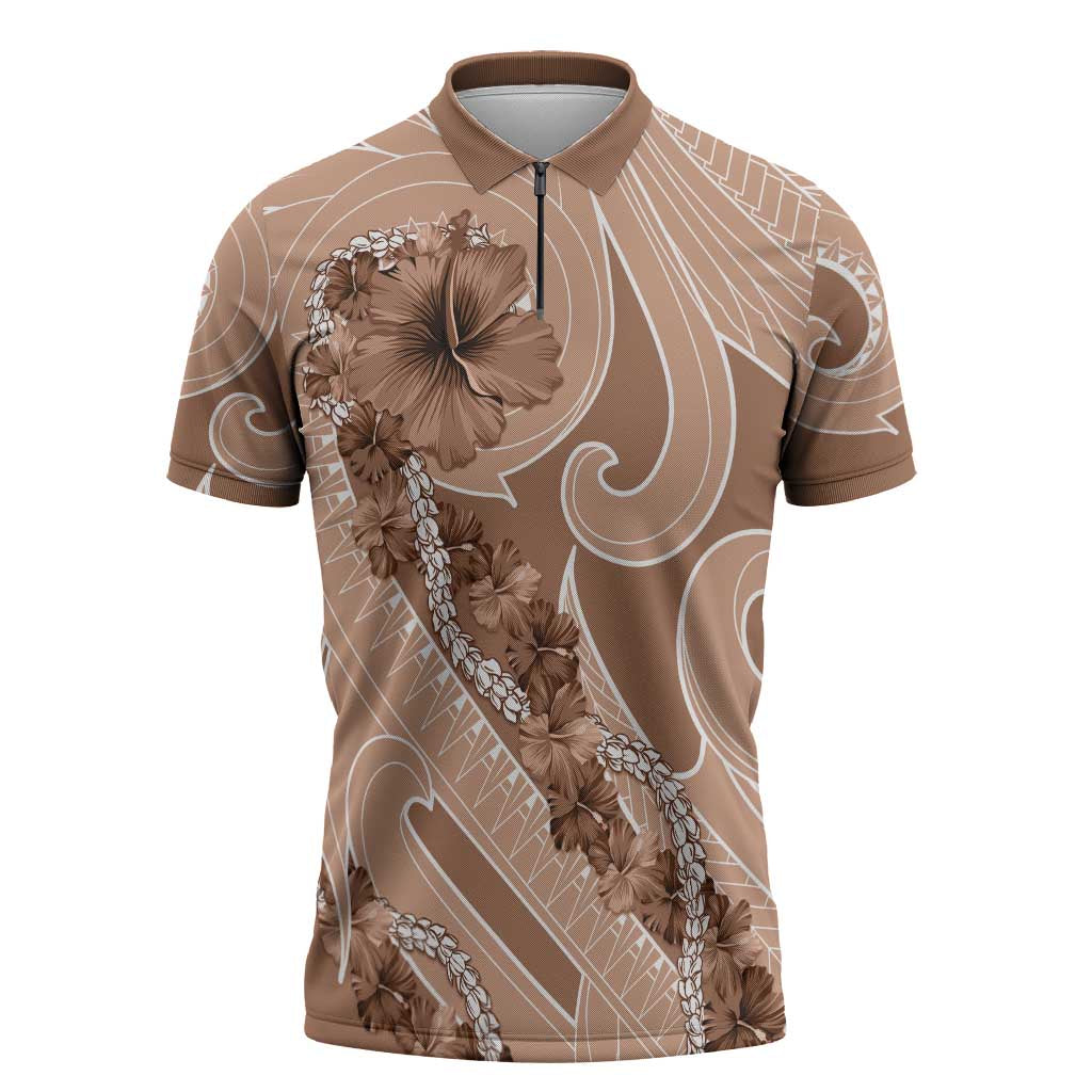 Hawaii Brown Hibiscus Pikake Lei Zipper Polo Shirt - Polynesian Pride