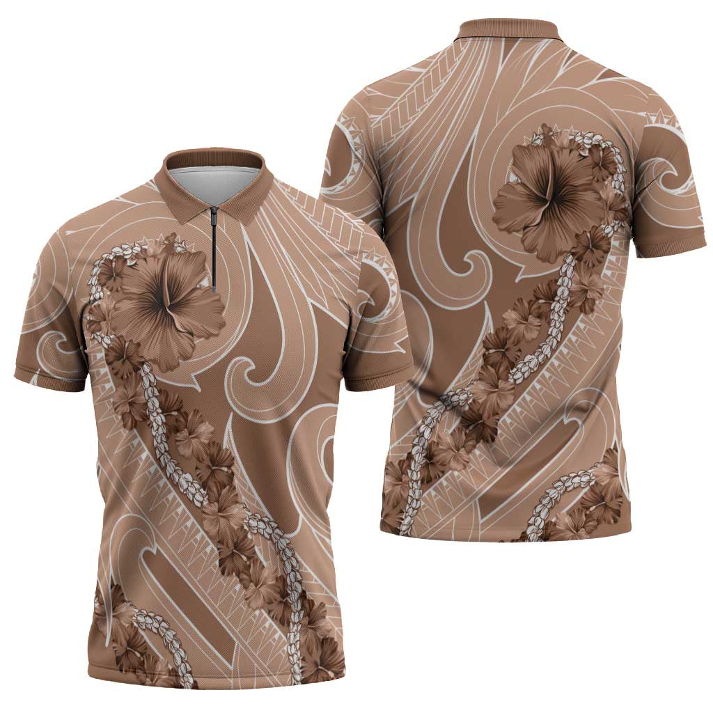 Hawaii Brown Hibiscus Pikake Lei Zipper Polo Shirt - Polynesian Pride