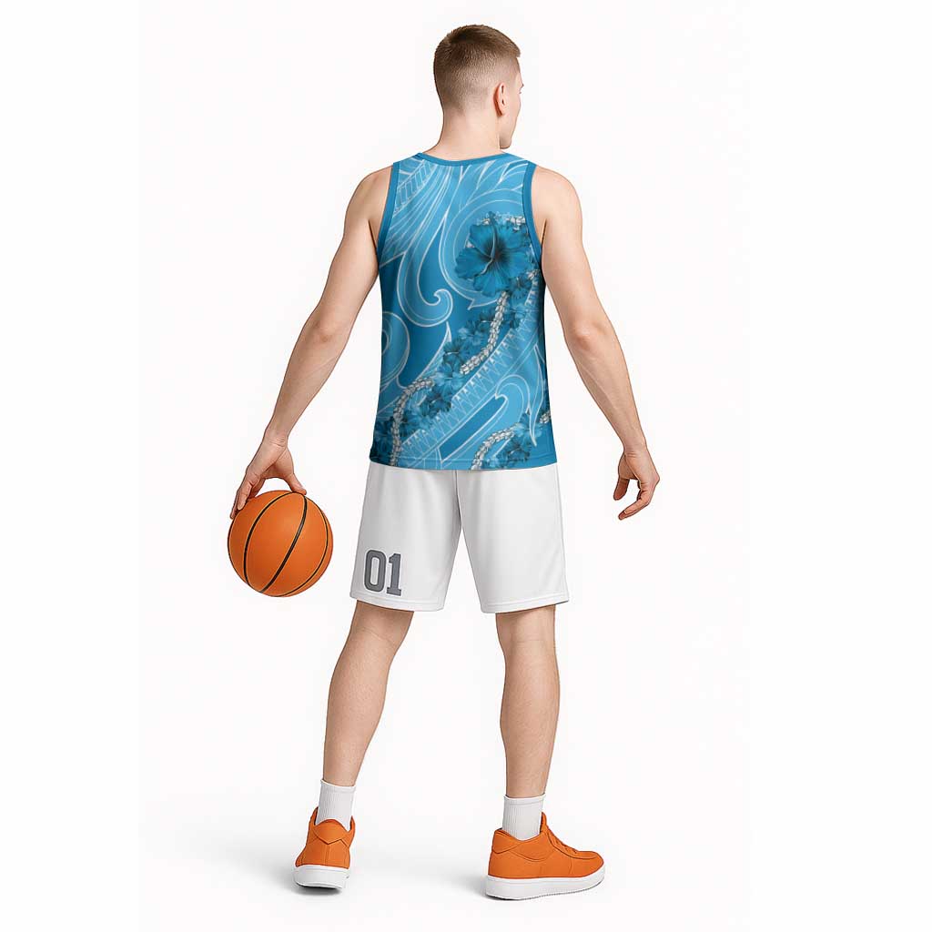 Hawaii Blue Hibiscus Pikake Lei Basketball Jersey - Polynesian Pride