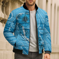 Hawaii Blue Hibiscus Pikake Lei Bomber Puffer Jacket - Polynesian Pride