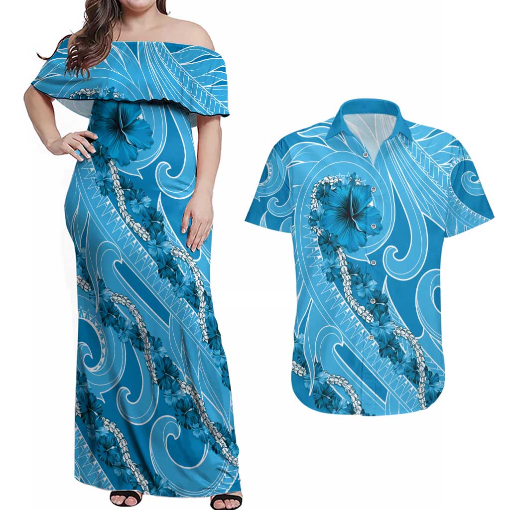Hawaii Blue Hibiscus Pikake Lei Couples Matching Off Shoulder Maxi Dress and Hawaiian Shirt - Polynesian Pride