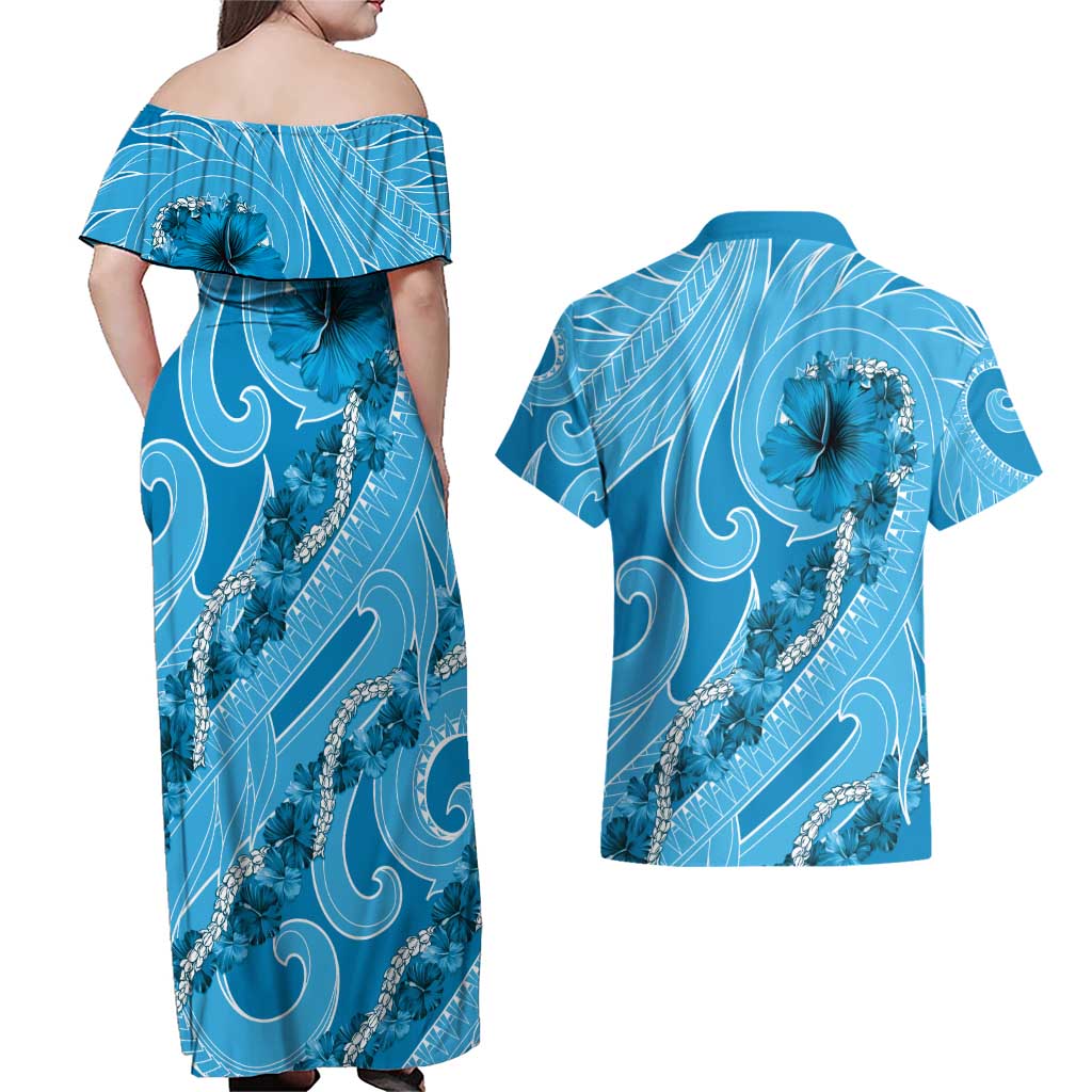 Hawaii Blue Hibiscus Pikake Lei Couples Matching Off Shoulder Maxi Dress and Hawaiian Shirt - Polynesian Pride