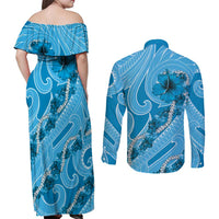Hawaii Blue Hibiscus Pikake Lei Couples Matching Off Shoulder Maxi Dress and Long Sleeve Button Shirt - Polynesian Pride