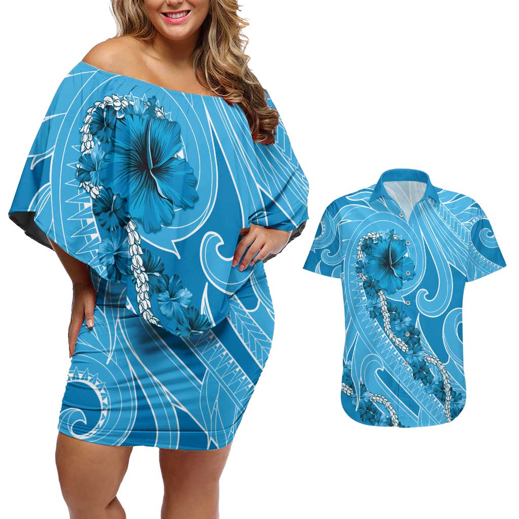 Hawaii Blue Hibiscus Pikake Lei Couples Matching Off Shoulder Short Dress and Hawaiian Shirt - Polynesian Pride