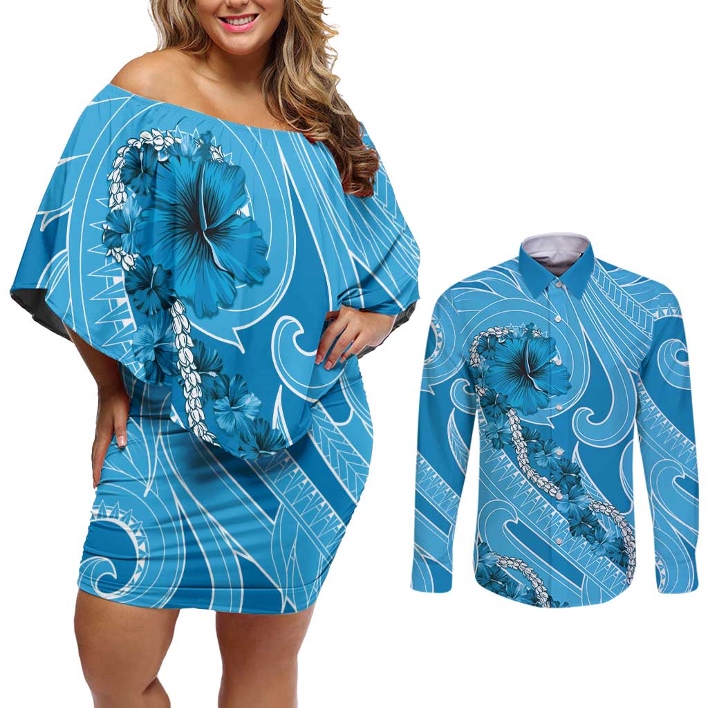 Hawaii Blue Hibiscus Pikake Lei Couples Matching Off Shoulder Short Dress and Long Sleeve Button Shirt - Polynesian Pride