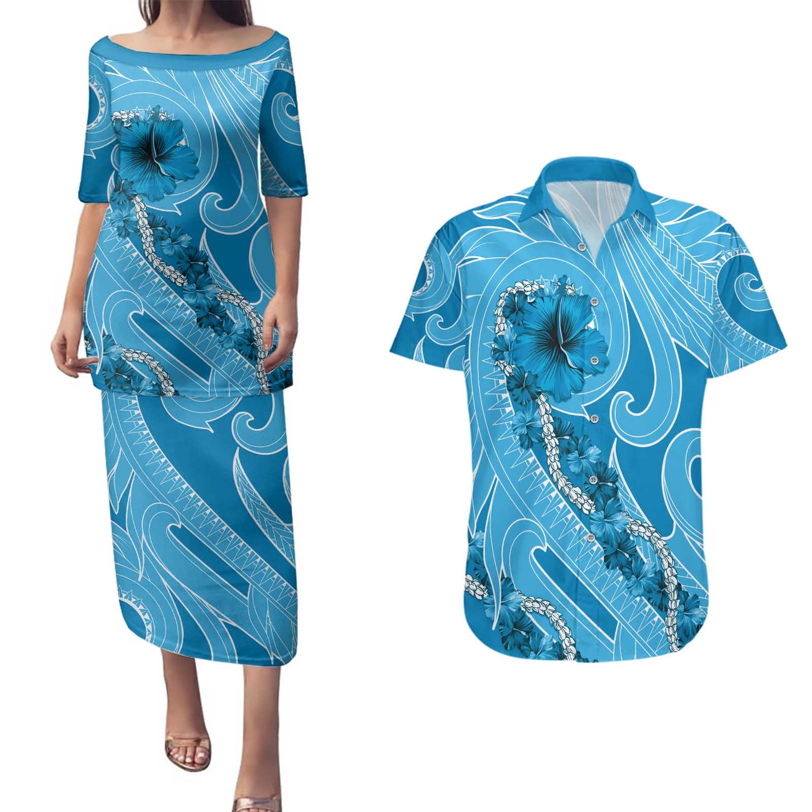 Hawaii Blue Hibiscus Pikake Lei Couples Matching Puletasi and Hawaiian Shirt LT05 Blue - Polynesian Pride