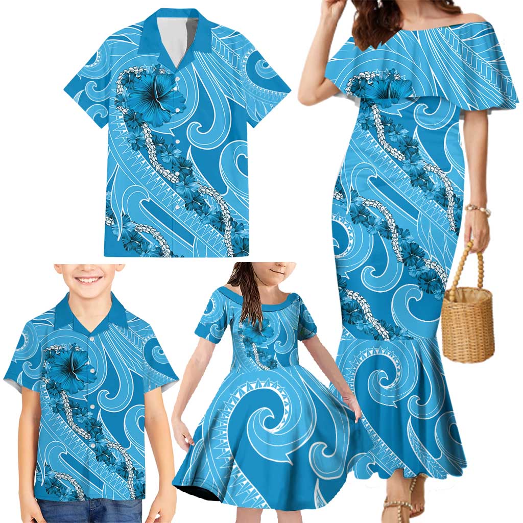 Hawaii Blue Hibiscus Pikake Lei Family Matching Mermaid Dress and Hawaiian Shirt - Polynesian Pride