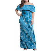 Hawaii Blue Hibiscus Pikake Lei Family Matching Off Shoulder Maxi Dress and Hawaiian Shirt - Polynesian Pride