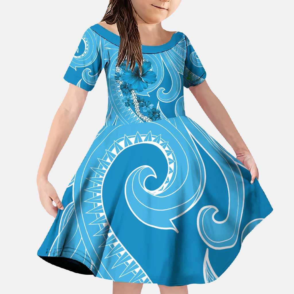 Hawaii Blue Hibiscus Pikake Lei Family Matching Short Sleeve Bodycon Dress and Hawaiian Shirt - Polynesian Pride