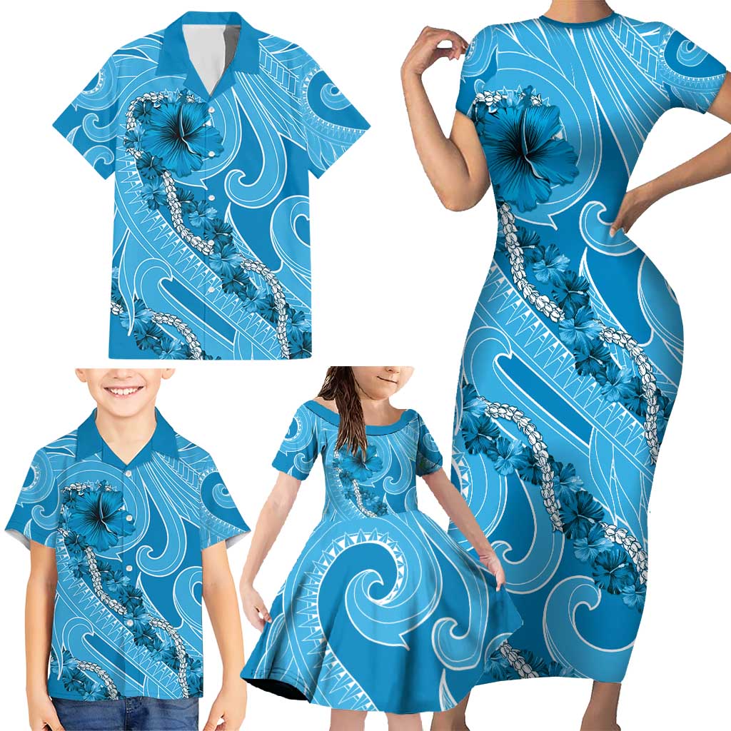 Hawaii Blue Hibiscus Pikake Lei Family Matching Short Sleeve Bodycon Dress and Hawaiian Shirt - Polynesian Pride