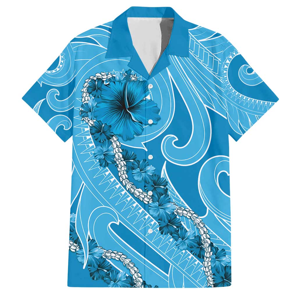 Hawaii Blue Hibiscus Pikake Lei Family Matching Short Sleeve Bodycon Dress and Hawaiian Shirt - Polynesian Pride
