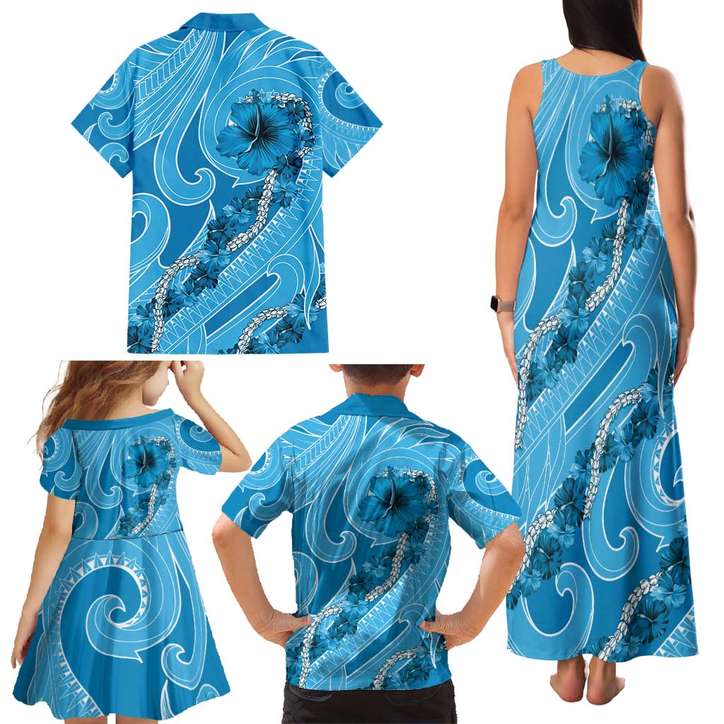 Hawaii Blue Hibiscus Pikake Lei Family Matching Tank Maxi Dress and Hawaiian Shirt - Polynesian Pride