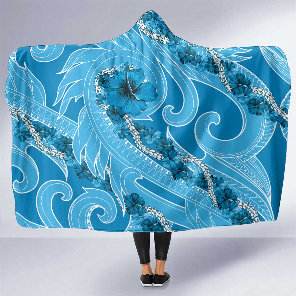 Hawaii Blue Hibiscus Pikake Lei Hooded Blanket LT05 One Size Blue - Polynesian Pride