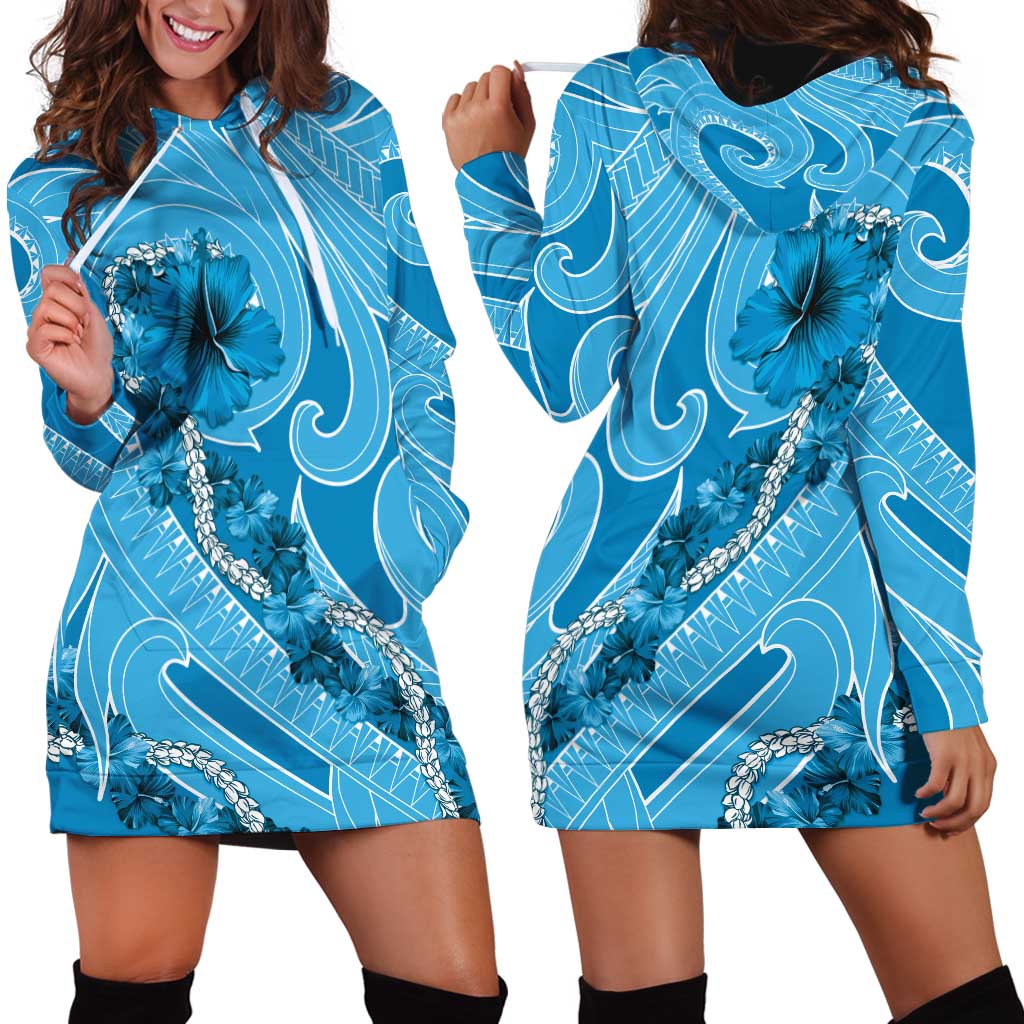 Hawaii Blue Hibiscus Pikake Lei Hoodie Dress - Polynesian Pride