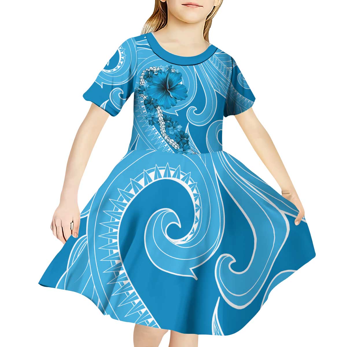 Hawaii Blue Hibiscus Pikake Lei Kid Short Sleeve Dress - Polynesian Pride