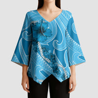 Hawaii Blue Hibiscus Pikake Lei Kimono Sleeve Blouse - Polynesian Pride