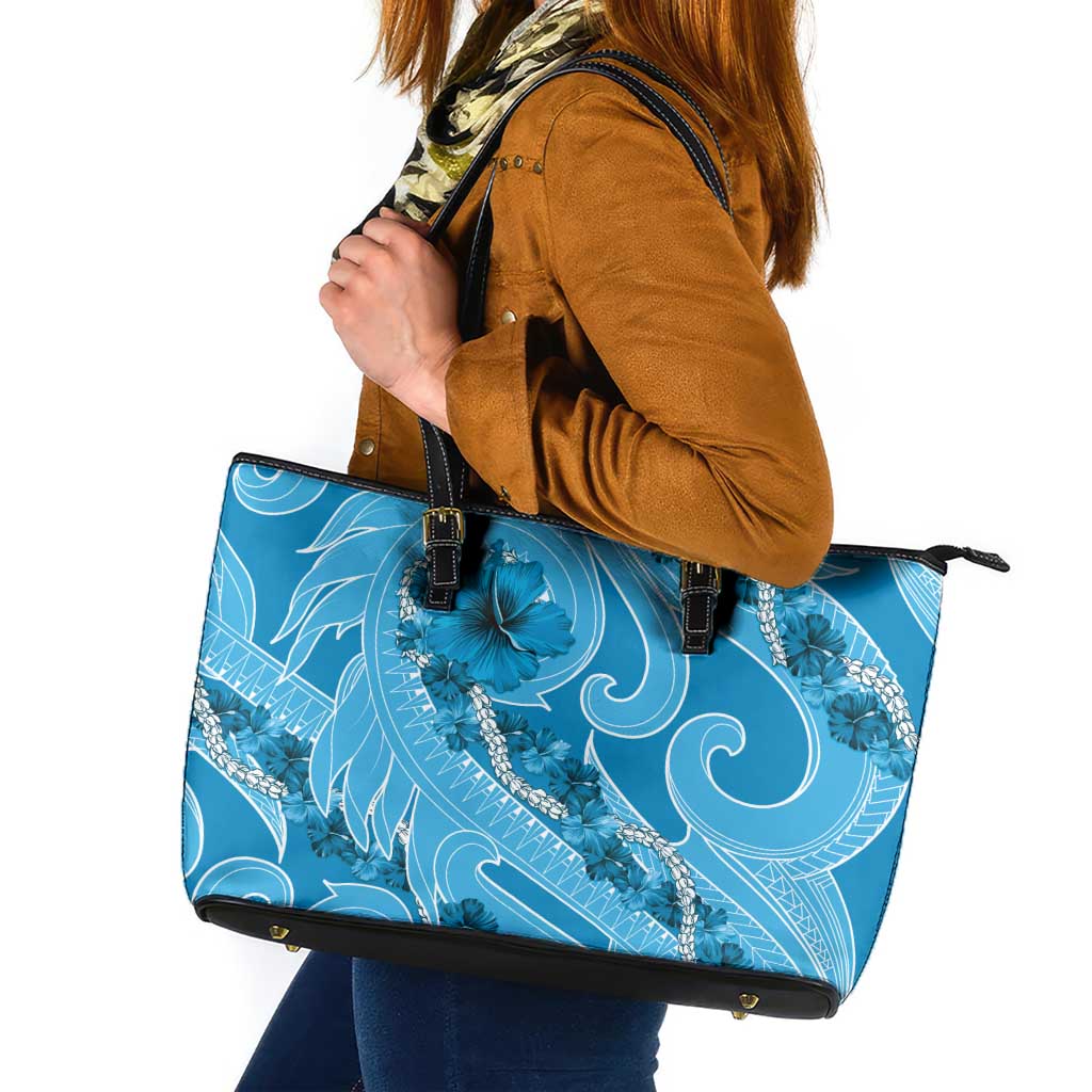 Hawaii Blue Hibiscus Pikake Lei Leather Tote Bag LT05 Blue - Polynesian Pride