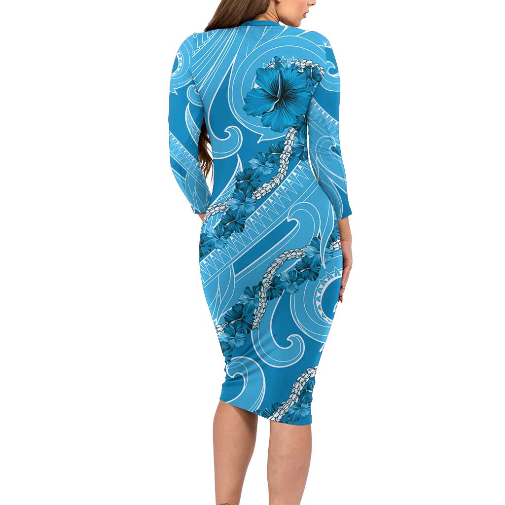 Hawaii Blue Hibiscus Pikake Lei Long Sleeve Bodycon Dress - Polynesian Pride