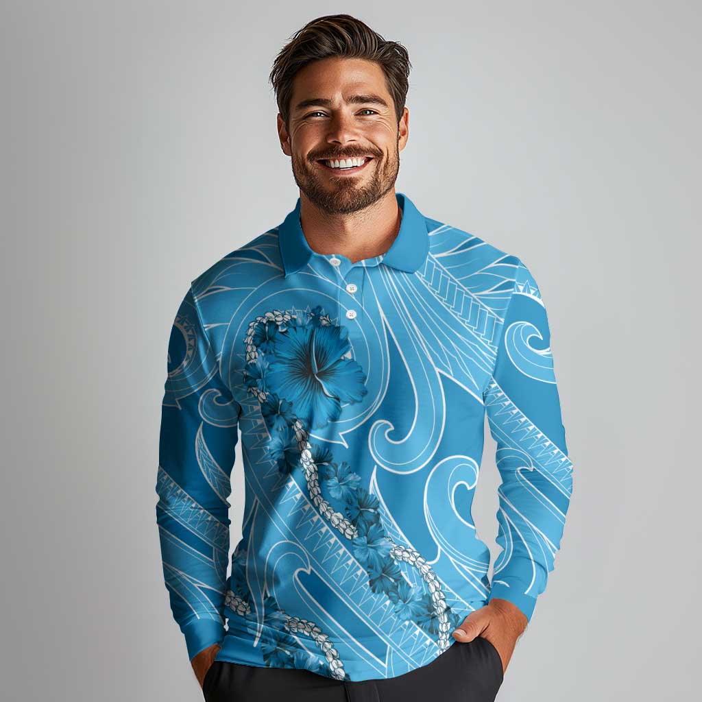 Hawaii Blue Hibiscus Pikake Lei Long Sleeve Polo Shirt - Polynesian Pride