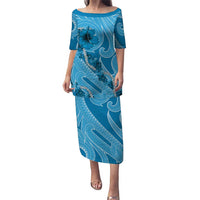 Hawaii Blue Hibiscus Pikake Lei Puletasi LT05 Long Dress Blue - Polynesian Pride