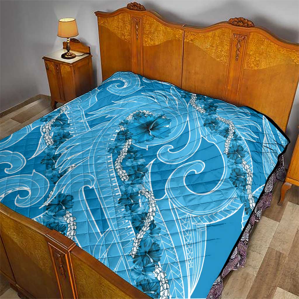 Hawaii Blue Hibiscus Pikake Lei Quilt - Polynesian Pride