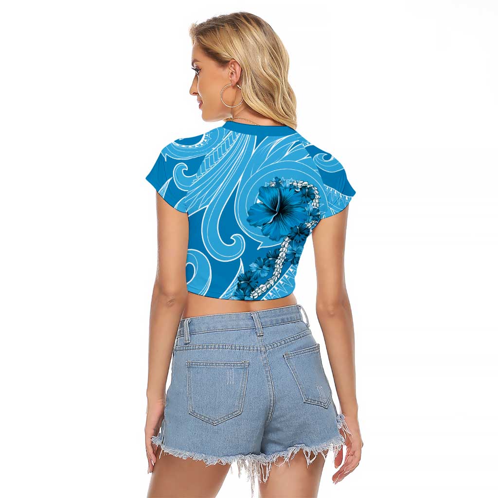 Hawaii Blue Hibiscus Pikake Lei Raglan Cropped T Shirt - Polynesian Pride