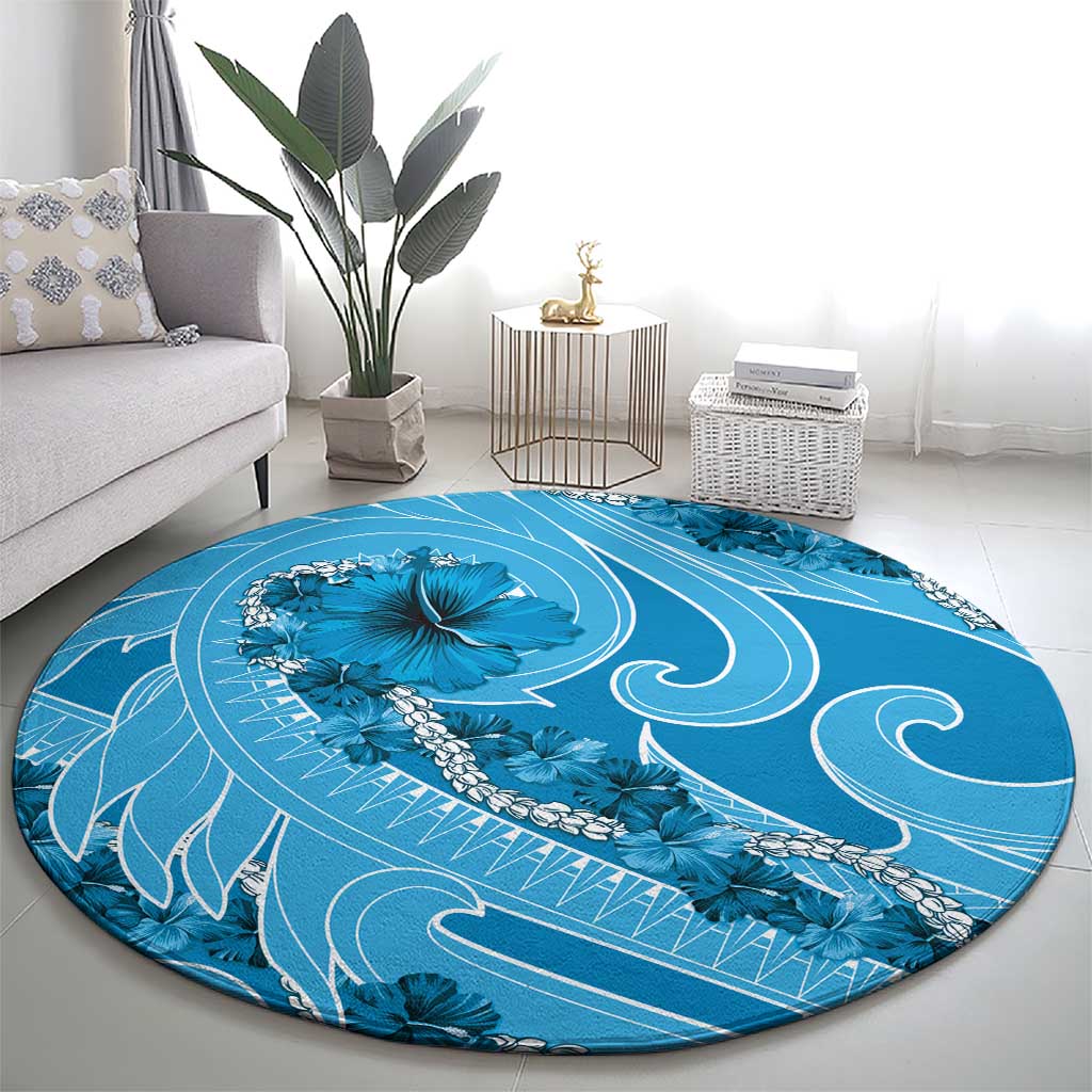 Hawaii Blue Hibiscus Pikake Lei Round Carpet - Polynesian Pride