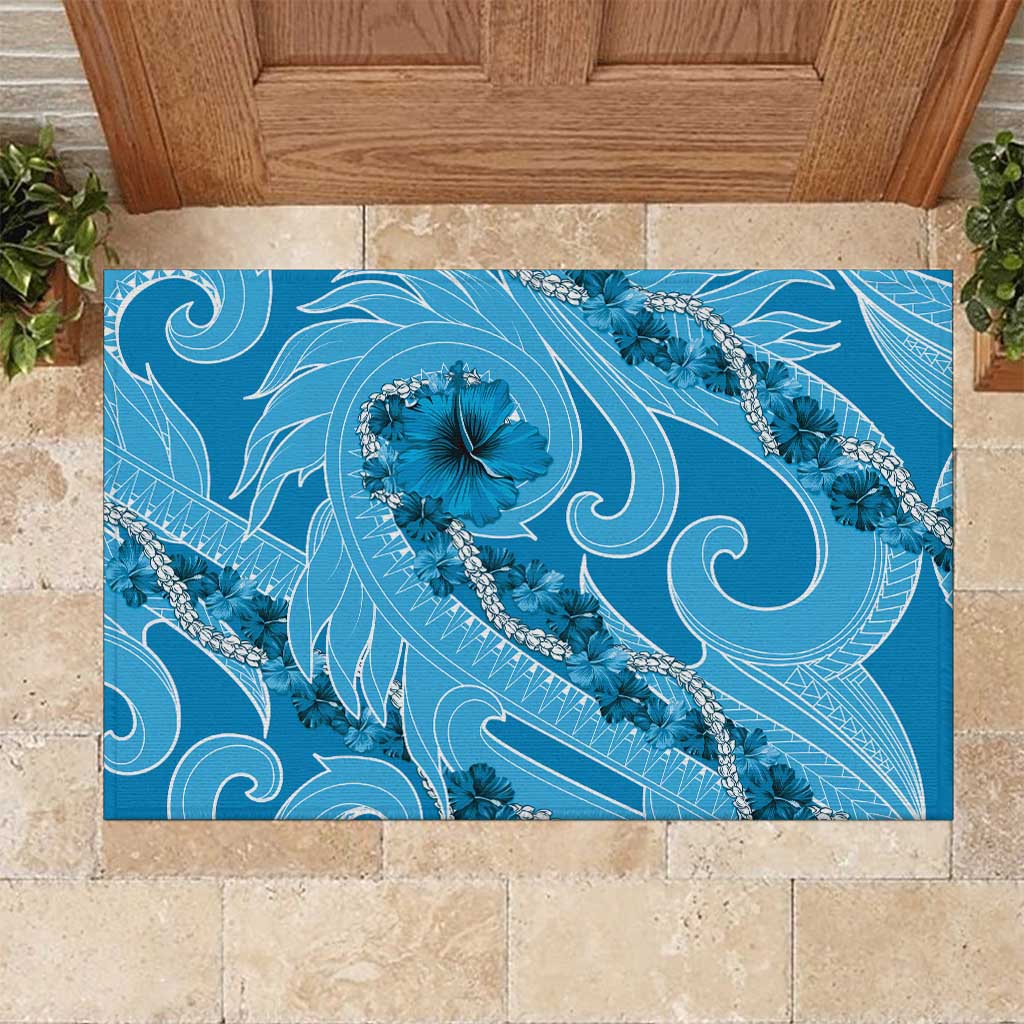 Hawaii Blue Hibiscus Pikake Lei Rubber Doormat LT05 Blue - Polynesian Pride