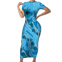 Hawaii Blue Hibiscus Pikake Lei Short Sleeve Bodycon Dress - Polynesian Pride