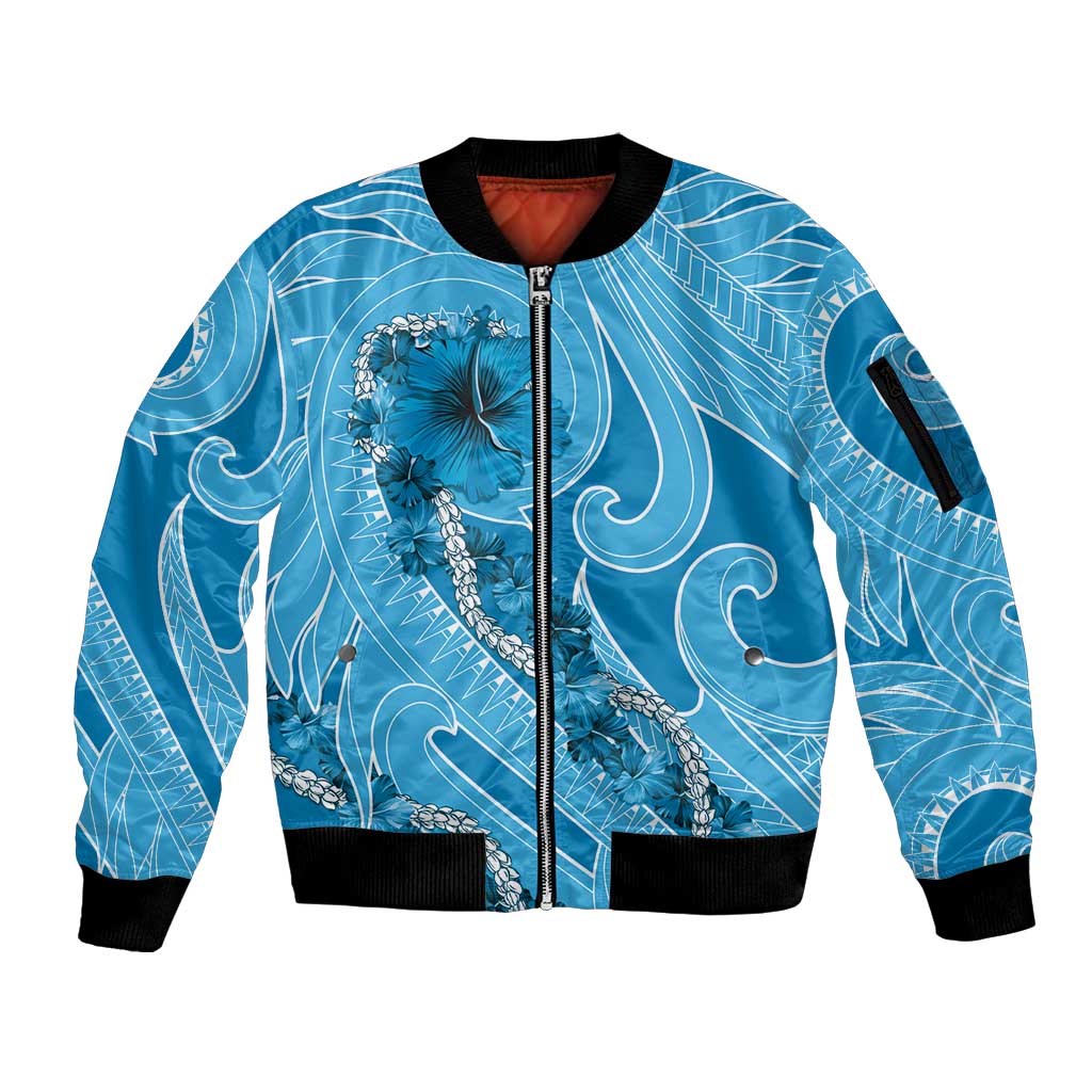 Hawaii Blue Hibiscus Pikake Lei Sleeve Zip Bomber Jacket - Polynesian Pride