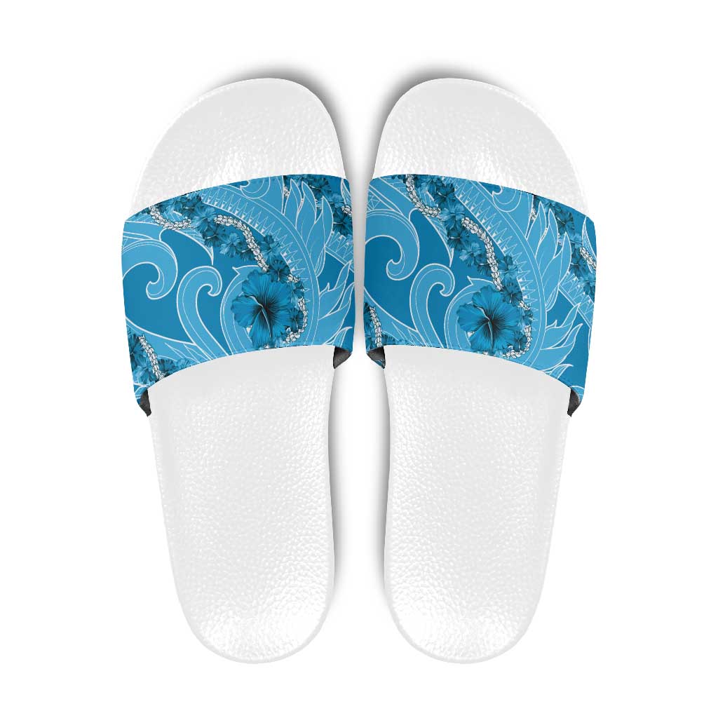 Hawaii Blue Hibiscus Pikake Lei Slide Sandals - Polynesian Pride