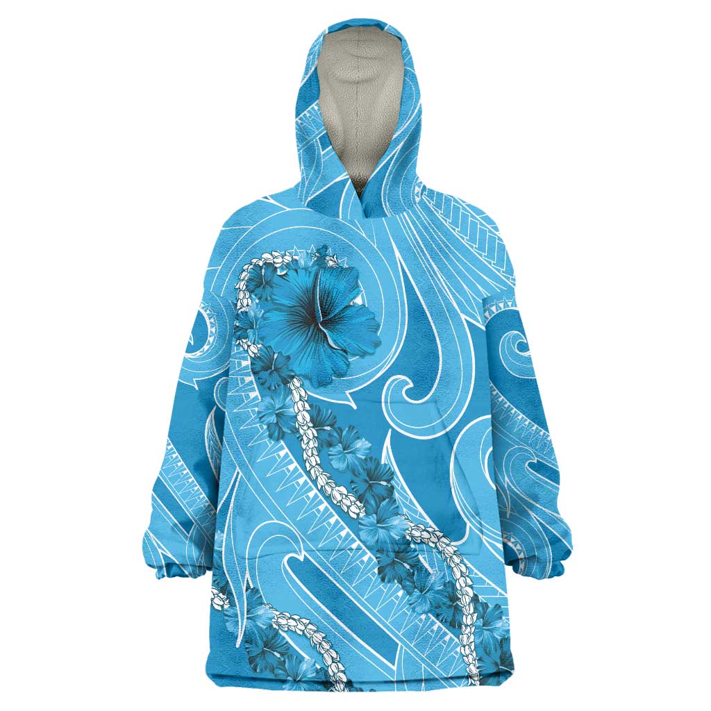 Hawaii Blue Hibiscus Pikake Lei Wearable Blanket Hoodie - Polynesian Pride