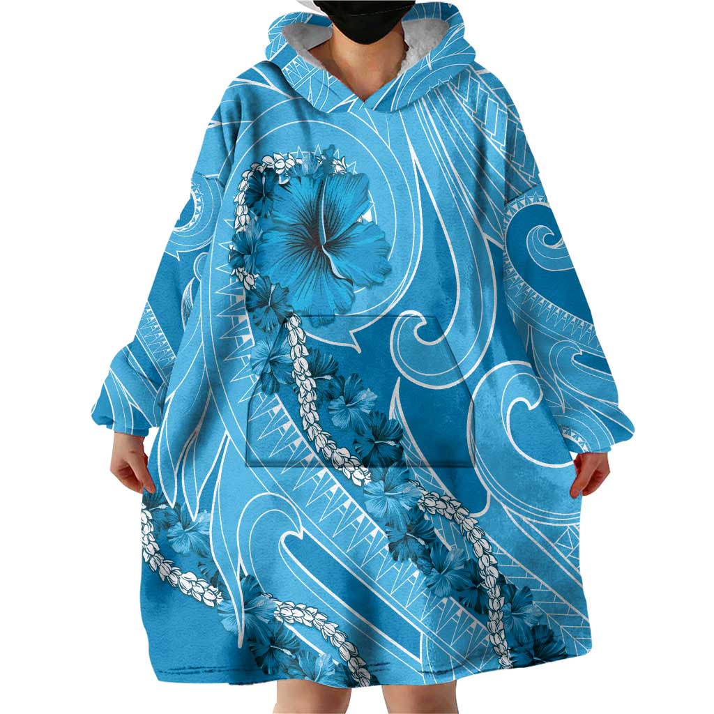 Hawaii Blue Hibiscus Pikake Lei Wearable Blanket Hoodie LT05 - Polynesian Pride
