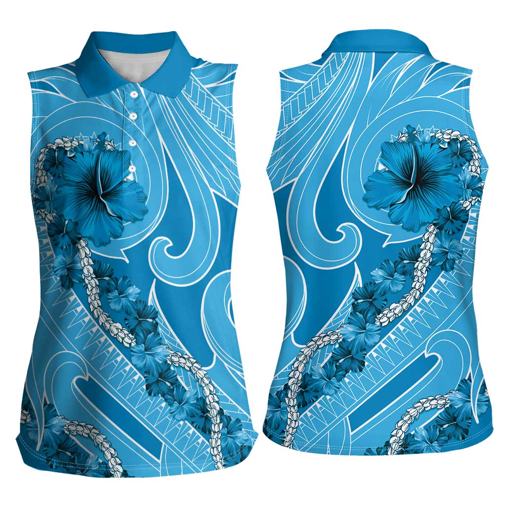 Hawaii Blue Hibiscus Pikake Lei Women Sleeveless Polo Shirt - Polynesian Pride