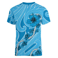 Hawaii Blue Hibiscus Pikake Lei Women V-Neck T-Shirt - Polynesian Pride