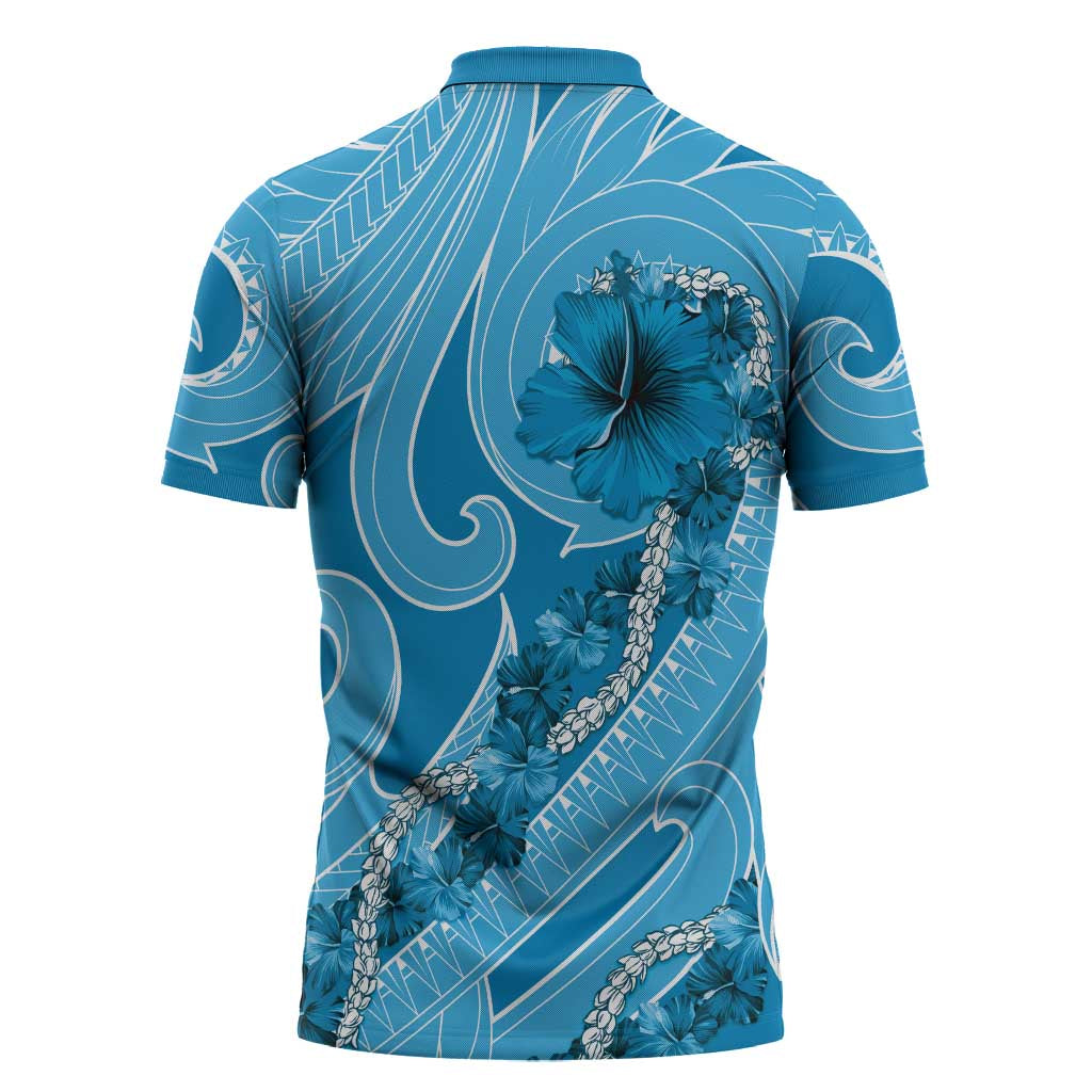Hawaii Blue Hibiscus Pikake Lei Zipper Polo Shirt - Polynesian Pride