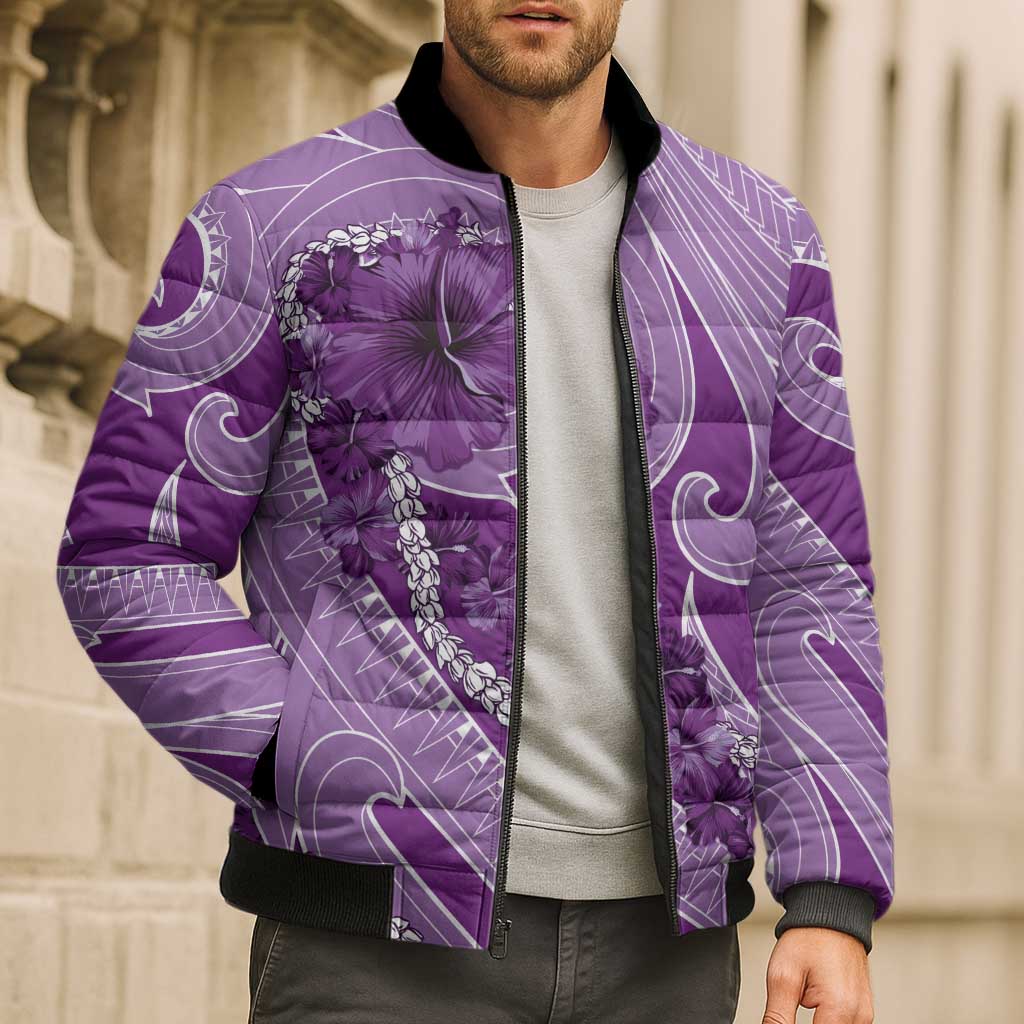 Hawaii Violet Hibiscus Pikake Lei Bomber Puffer Jacket LT05 - Polynesian Pride