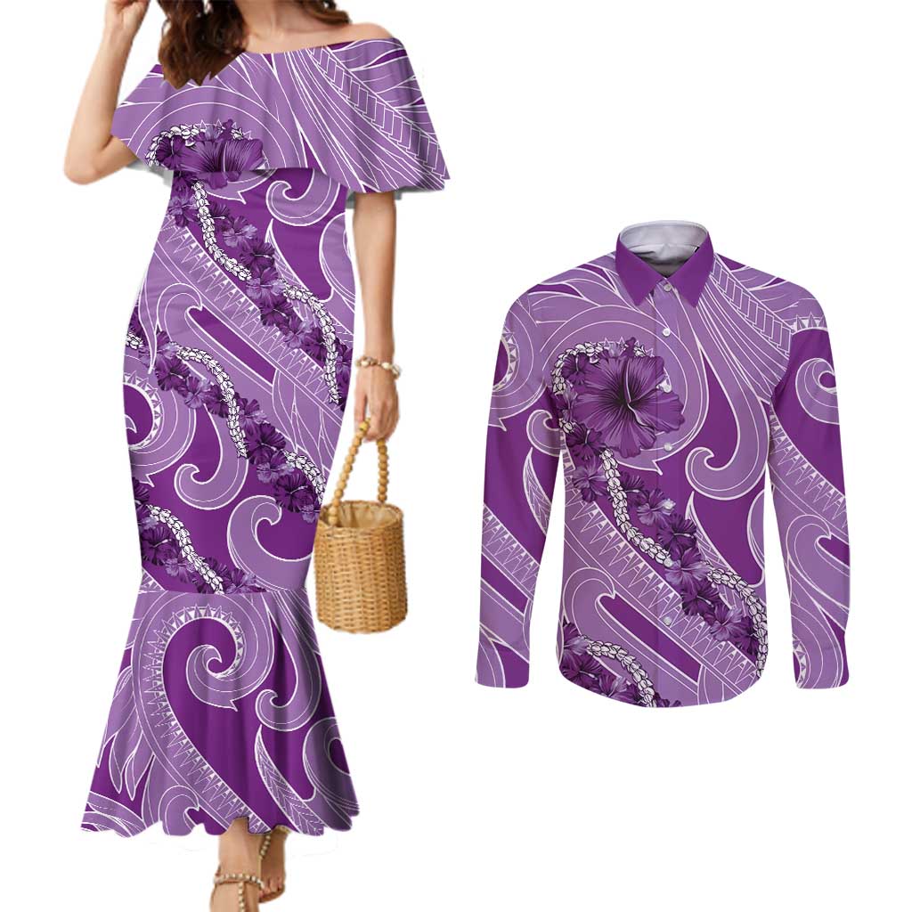 Hawaii Violet Hibiscus Pikake Lei Couples Matching Mermaid Dress and Long Sleeve Button Shirt - Polynesian Pride