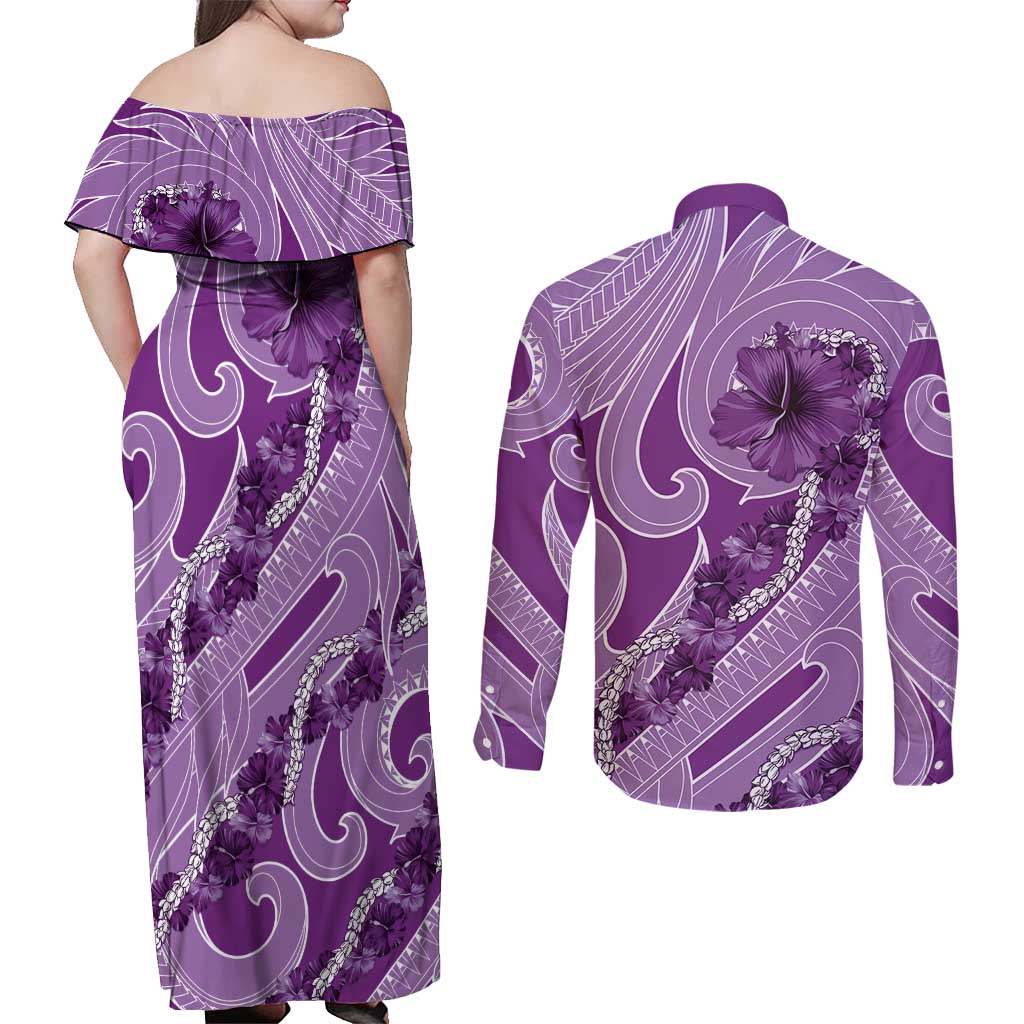 Hawaii Violet Hibiscus Pikake Lei Couples Matching Off Shoulder Maxi Dress and Long Sleeve Button Shirt - Polynesian Pride