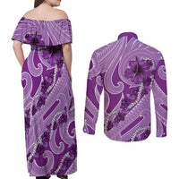 Hawaii Violet Hibiscus Pikake Lei Couples Matching Off Shoulder Maxi Dress and Long Sleeve Button Shirt - Polynesian Pride